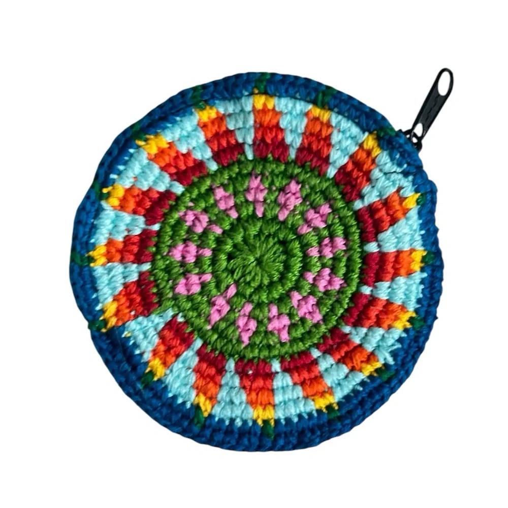 Hand Crafted Crocheted Colorful Round Sunburst Design Zipper Change Pouch Purse